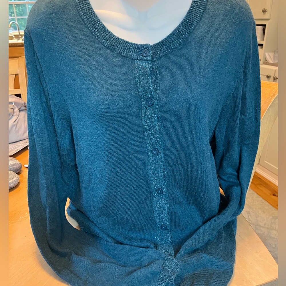 Vintage Apostrophe Teal Blue Button-Up Cardigan Sweater with Metallic Trim Large